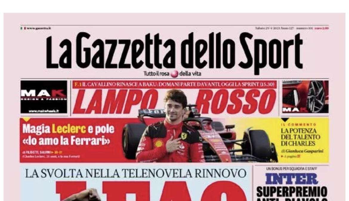 Le prime pagine di sabato 29 aprile: Milano contro Roma, superpremio per la finale di Champions