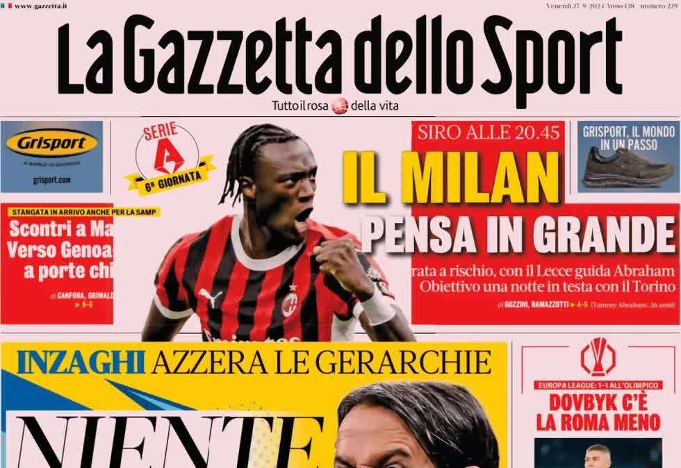 "All'Inter niente posto fisso, Inzaghi azzera le gerarchie": la prima pagina di Gazzetta