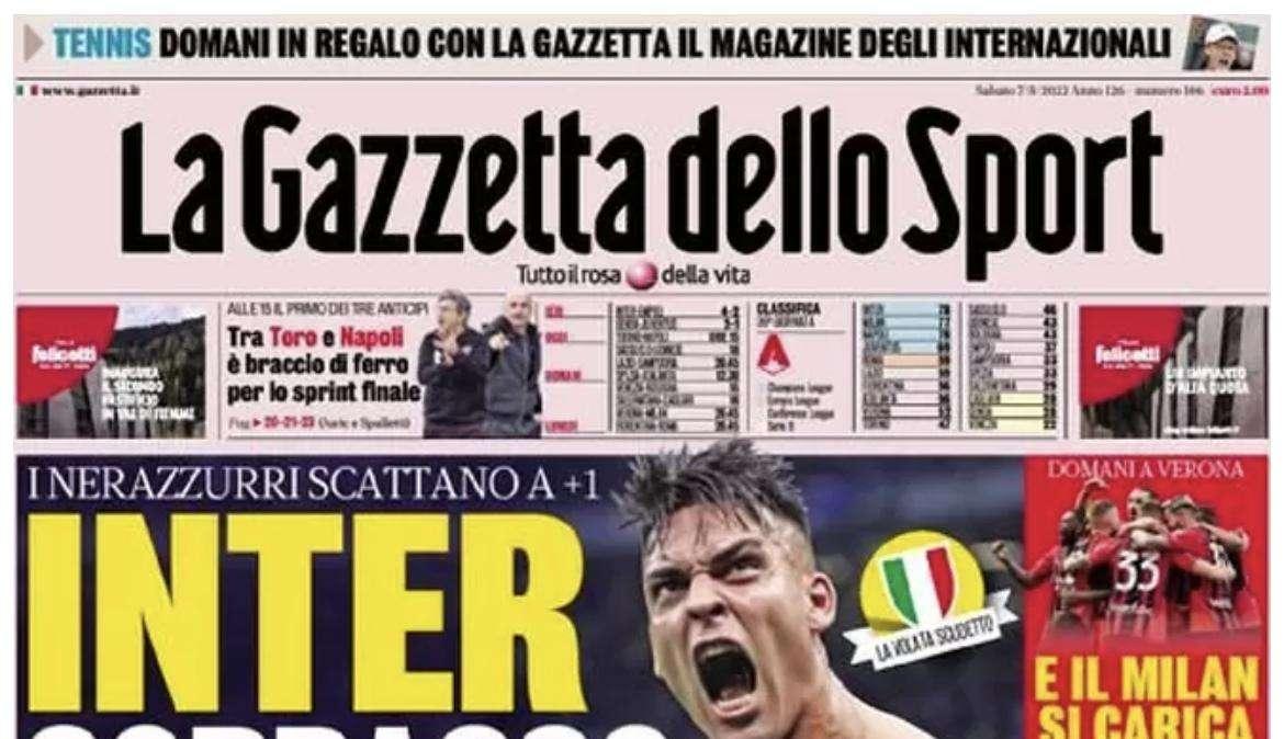 La Gazzetta dello Sport in apertura: "Inter, sorpasso da pazzi"