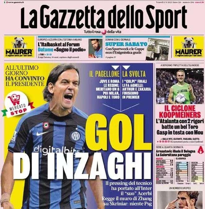 L'apertura de La Gazzetta dello Sport - "Gol di Inzaghi"