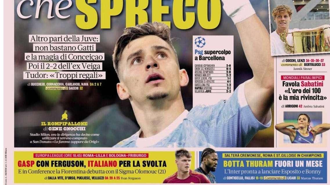 Thuram fuori un mese, Inter pronta a lanciare Esposito e Bonny. La Gazzetta dello Sport in prima pagina
