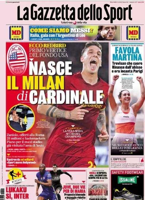 L'apertura de La Gazzetta dello Sport: "Lukaku, sì Inter. Ora la palla passa al Chelsea"
