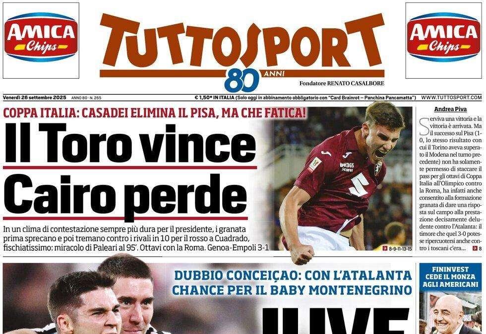 "Il Toro vince, Cairo perde. Uefa, stop a Israele", la prima pagina di TuttoSport