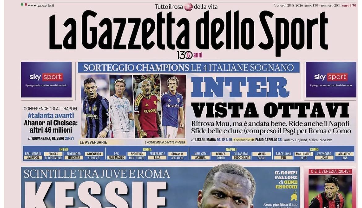 "Inter, vista ottavi. Kessie, scintille tra Juve e Roma", la prima pagina della Gazzetta dello Sport