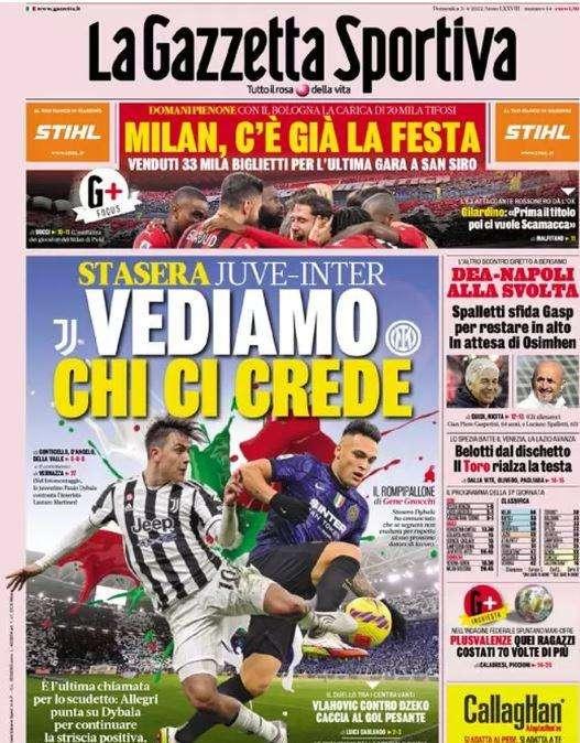 La prima pagina de La Gazzetta dello Sport: "Juve-Inter, vediamo chi ci crede"