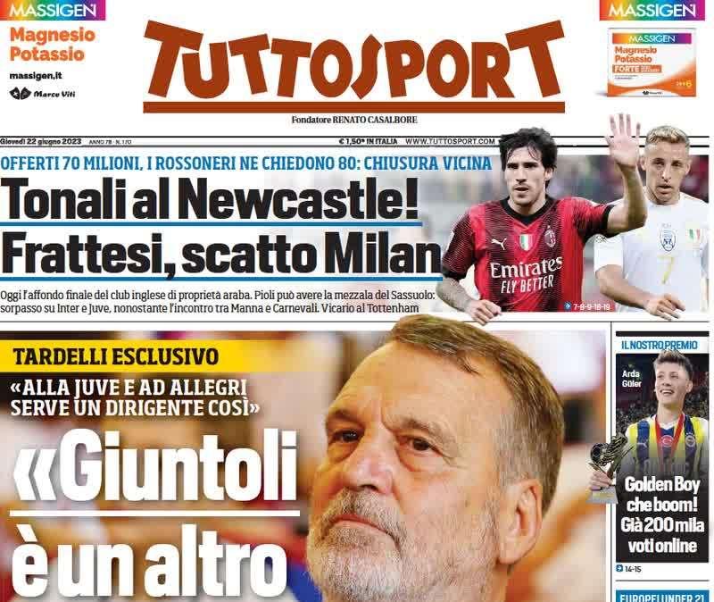 Tuttosport in prima pagina: “Scatto Milan per Frattesi, sorpasso all’Inter”