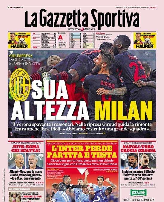 La prima pagina de La Gazzetta dello Sport: "L'Inter perde partita e testa"