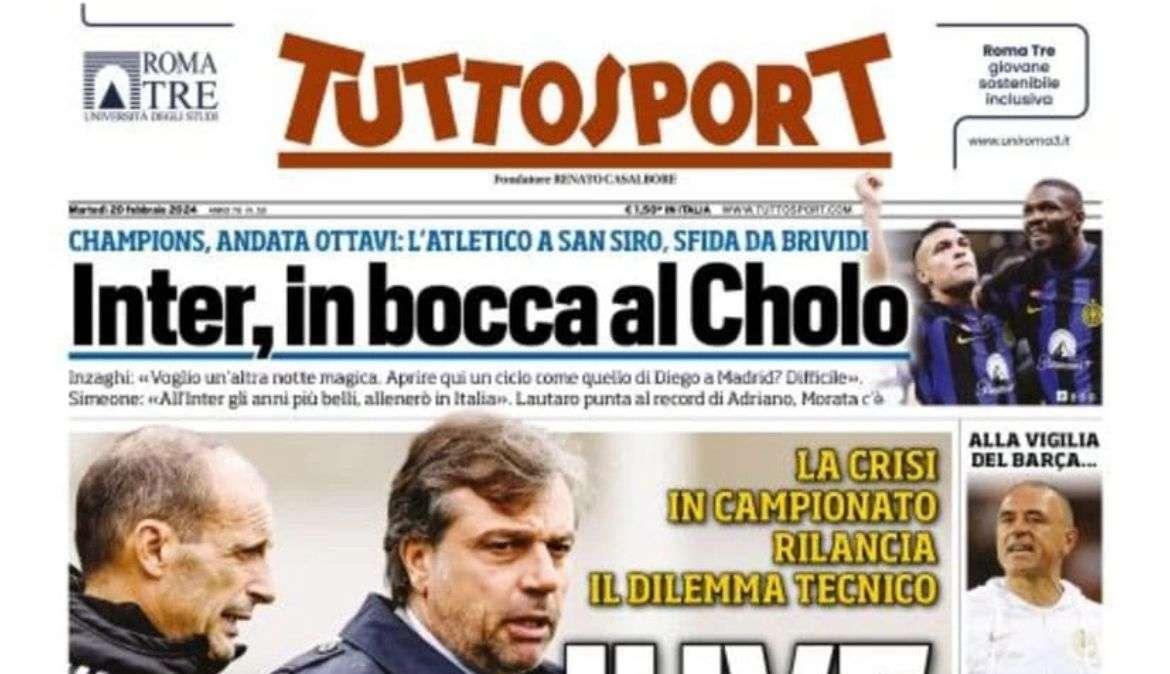 "Inter, in bocca al Cholo. Sfida da brividi a San Siro", l'apertura di Tuttosport