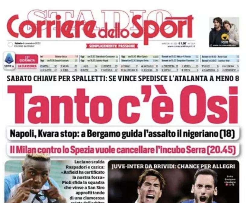 Il Corriere dello Sport in prima pagina: "Max per il sorpasso, Inzaghi con l'asso Calha"