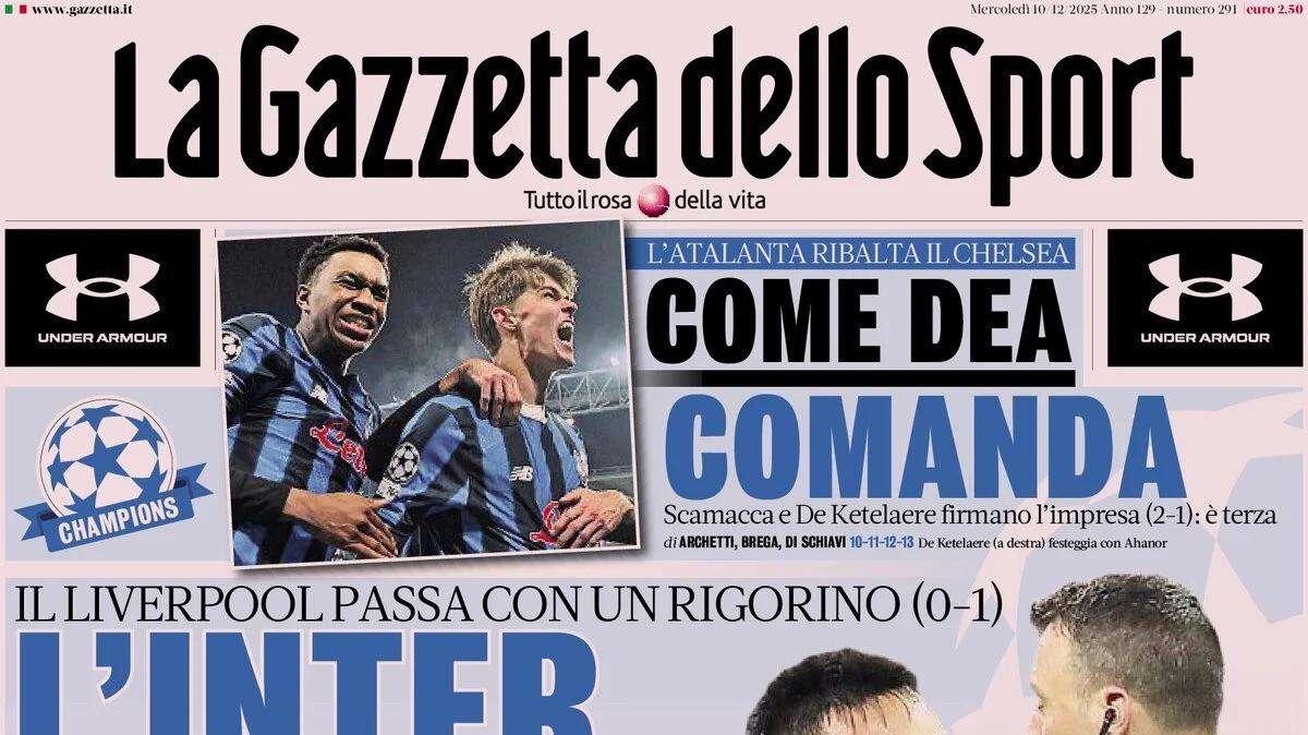 "Il Liverpool passa con un rigorino, l'Inter non Var. Come Dea Comanda", la prima pagina della Gazzetta dello Sport