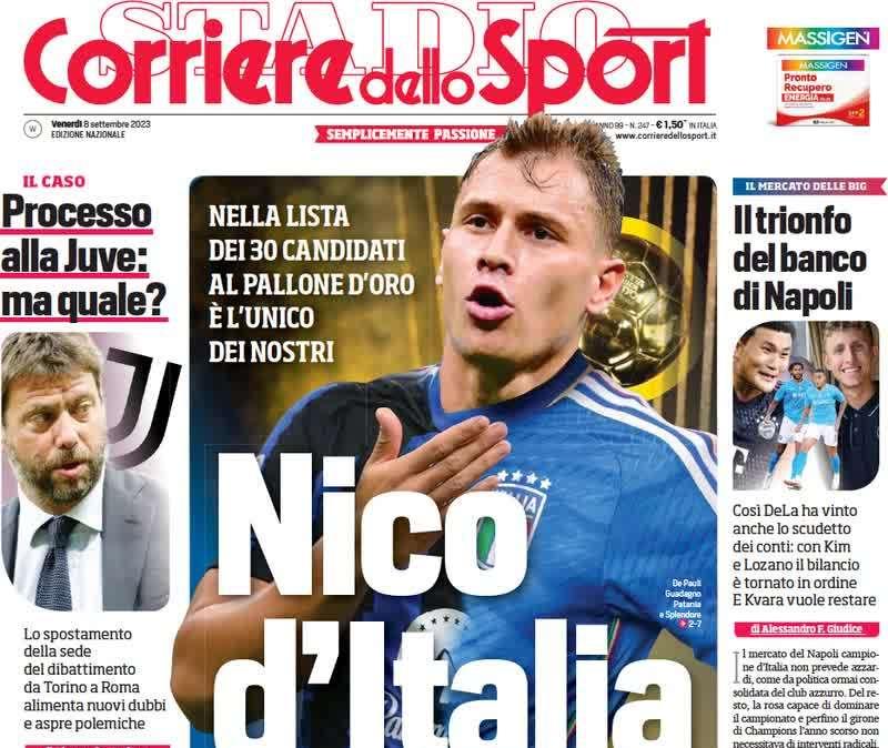 La prima pagina del CorSport esalta Barella: "Nico d'Italia"