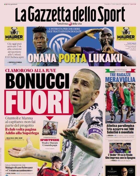L'apertura della Gazzetta: "L'Inter chiude le due trattative incrociate: Onana porta Lukaku"