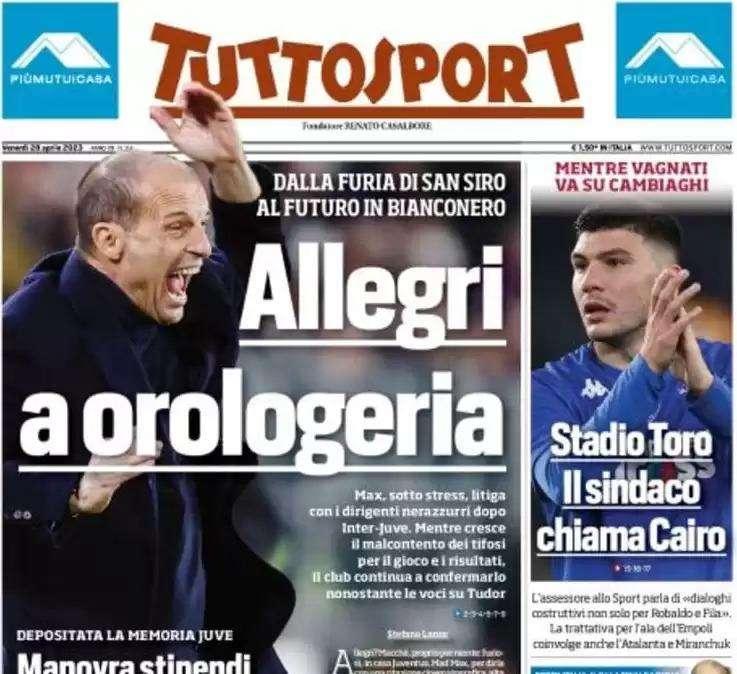 Tuttosport in apertura: "Allegri a orologeria. Coppa Italia, per l'Inter c'è la Fiorentina"