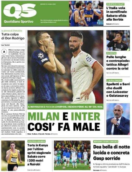 L'apertura del QS in prima pagina: "Milan e Inter, così fa male"