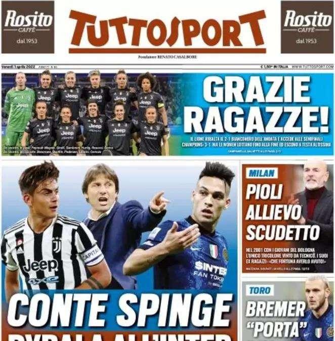 La prima pagina di Tuttosport: "Conte spinge Dybala all'Inter"