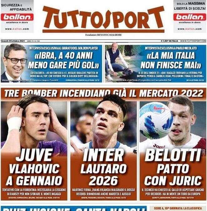 L'apertura di Tuttosport: "Inter, Lautaro 2026". La Juve punta Vlahovic