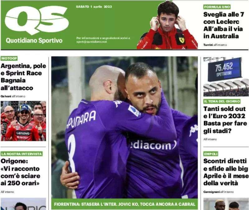 La prima pagina del QS: "Stasera l'Inter: Jovic ko, tocca ancora a Cabral"