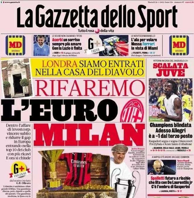 L'apertura de La Gazzetta dello Sport: "Pioli-Inzaghi: tutti gli assi"