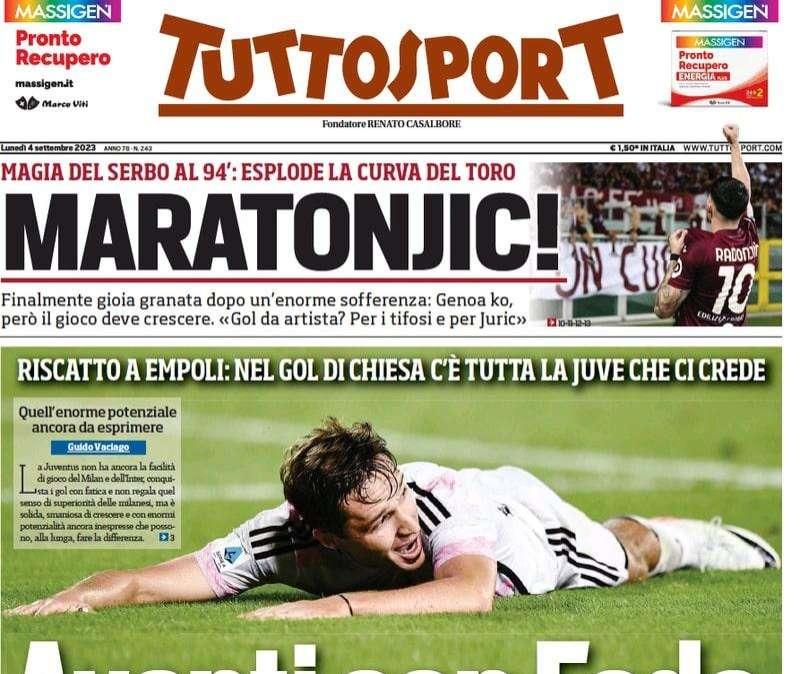Inter, poker e spettacolo con la Fiorentina. Tuttosport in apertura: "E se segna pure Thuram..."