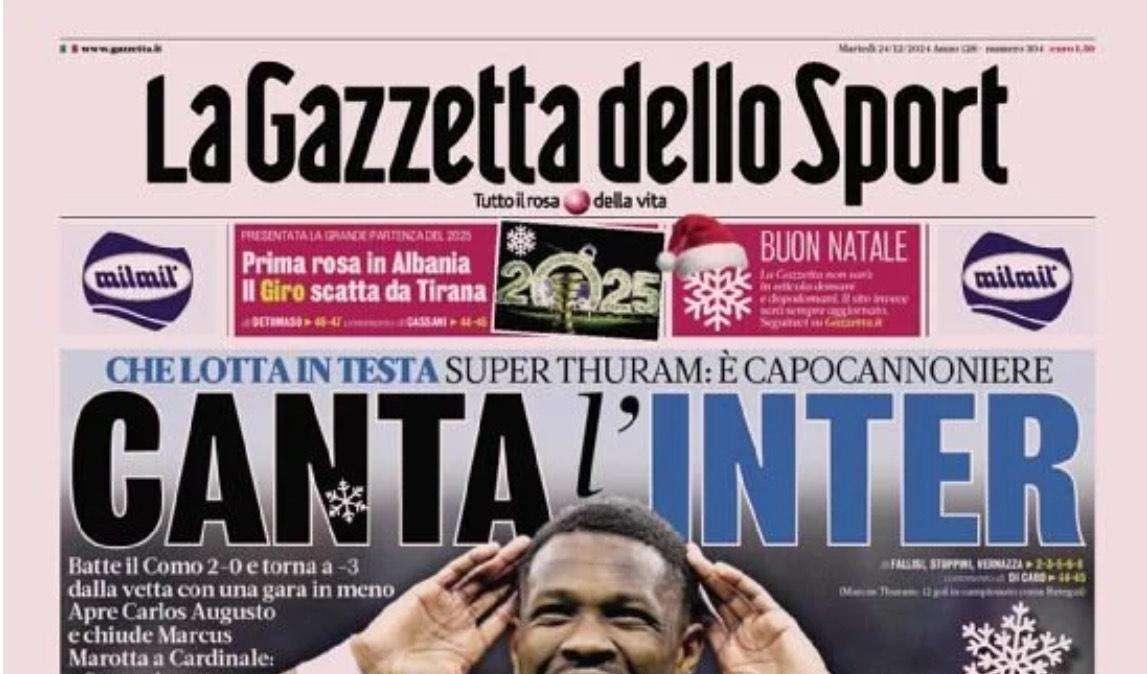 Canta l'Inter, super Thuram. Marotta: «Cardinale, serve rispetto». La Gazzetta in prima pagina
