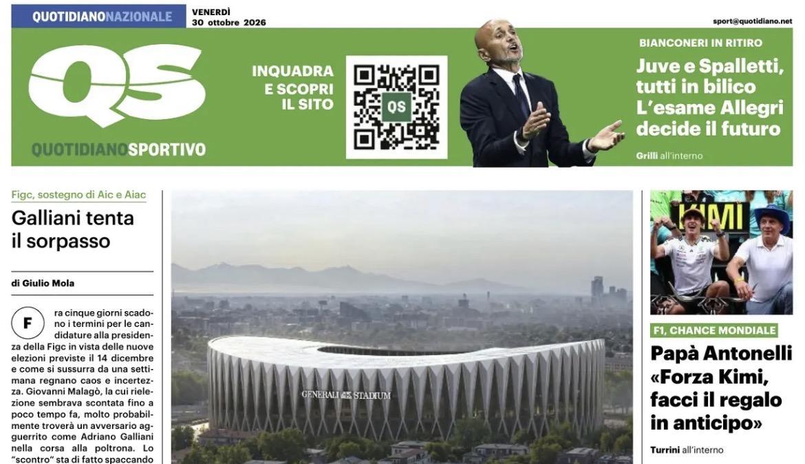 "Ultimo stadio per San Siro. Finisce un'epoca: il nuovo impianto si chiamerà Generali": la prima pagina del QS