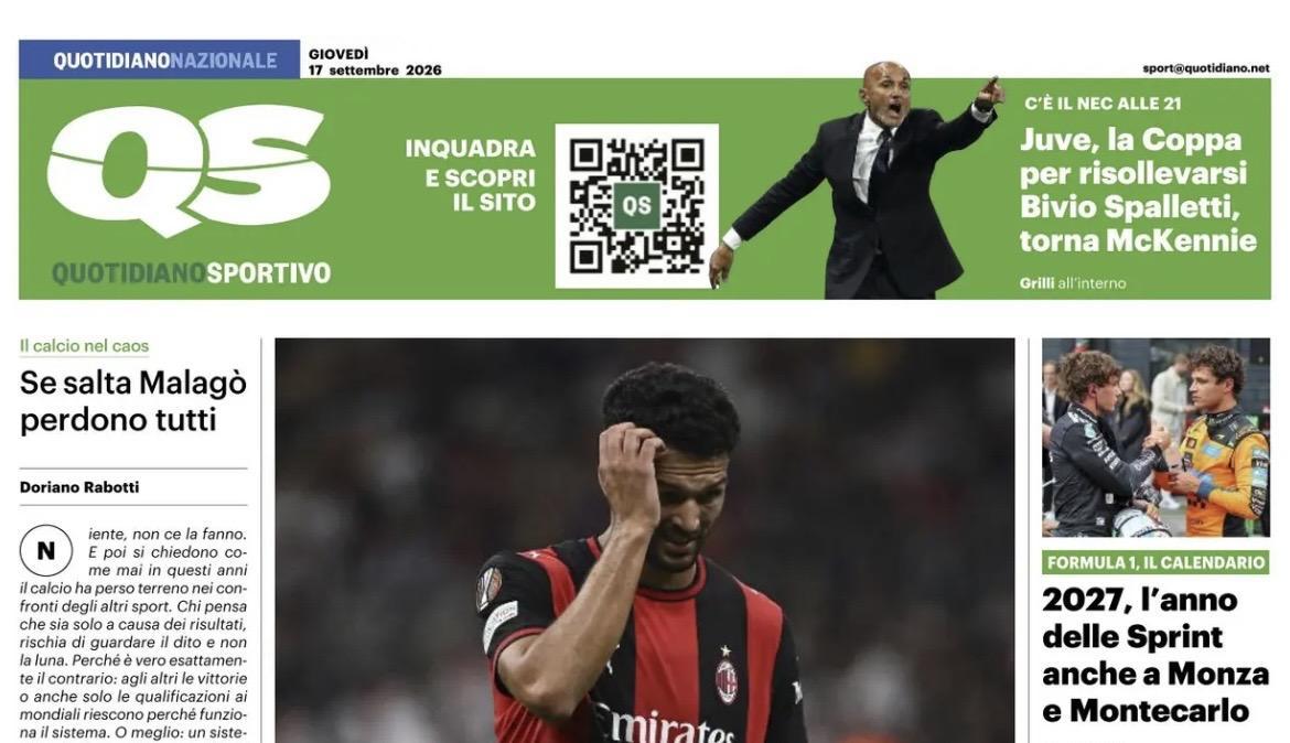 "Milan, Europa già in salita! Juve, la coppa per risollevarsi", la prima pagina del QS