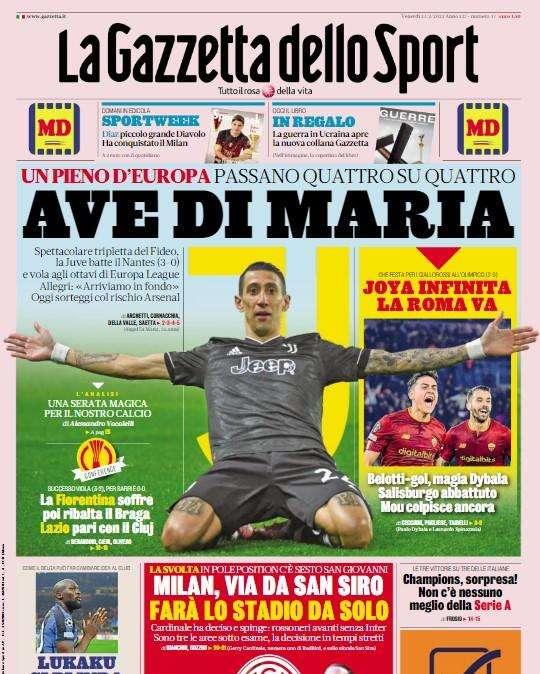 La Gazzetta in apertura: "Lukaku si blinda. Milan, via da San Siro: farà lo stadio da solo"