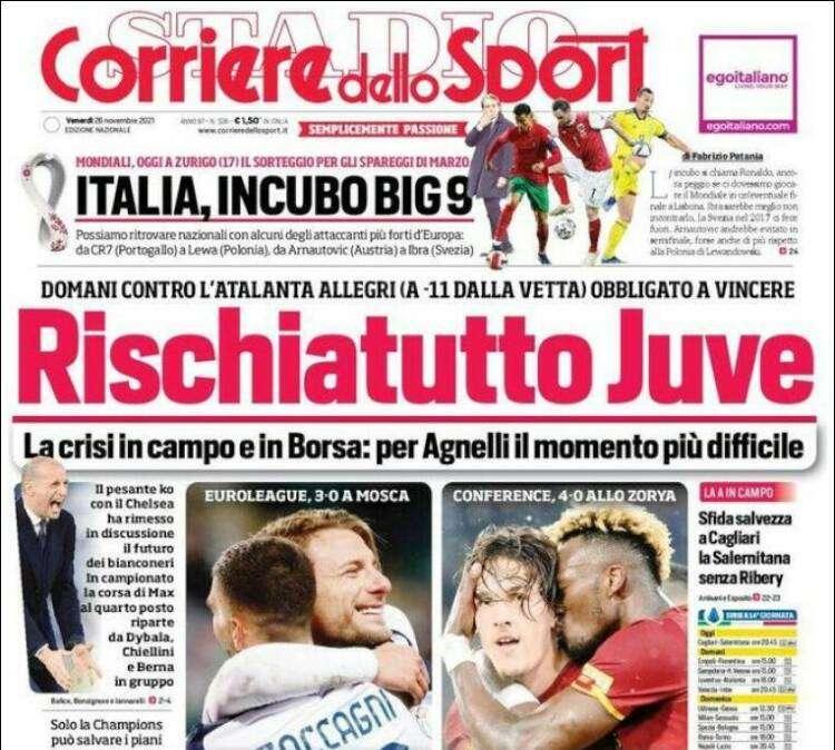 La prima pagina del Corriere dello Sport: "Rischiatutto Juve"