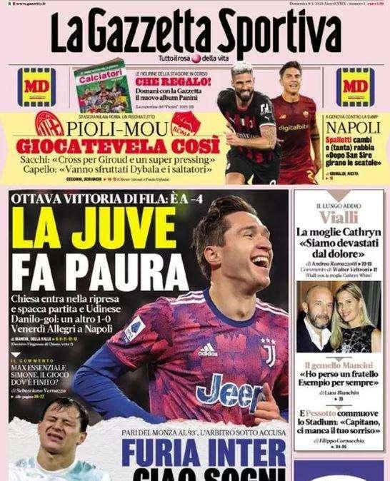 La prima pagina della Gazzetta dello Sport: "Furia Inter, ciao sogni"