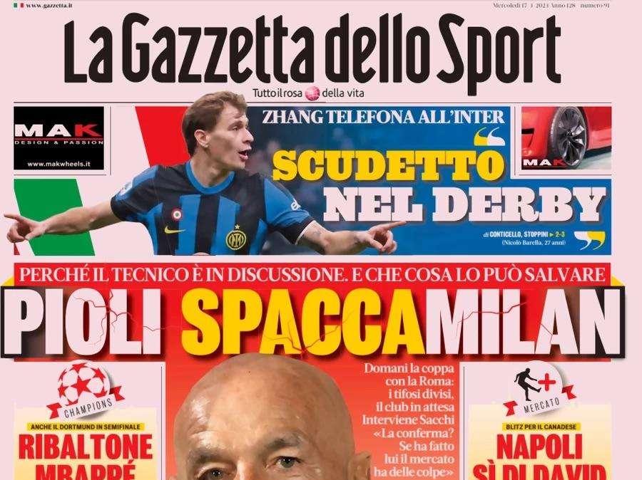 Scudetto al derby, Zhang telefona all'Inter. La prima pagina de La Gazzetta dello Sport