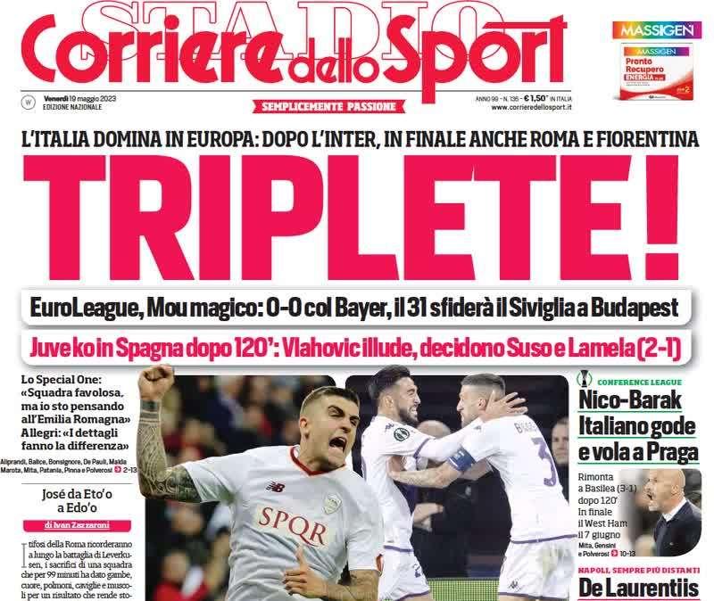 L'apertura del Corriere dello Sport: "Triplete!". L'Italia domina in Europa