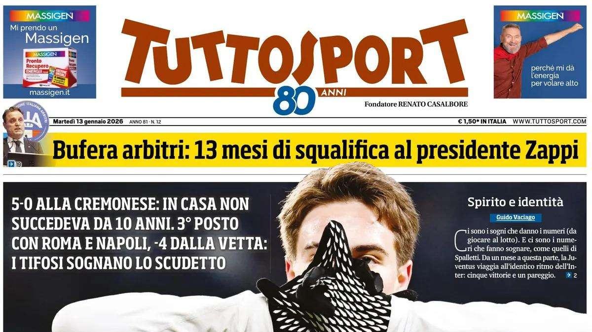 "Juve, i tifosi sognano la scudetto. Ottavi di Coppa Italia, stasera Roma-Torino", la prima pagina di TuttoSport