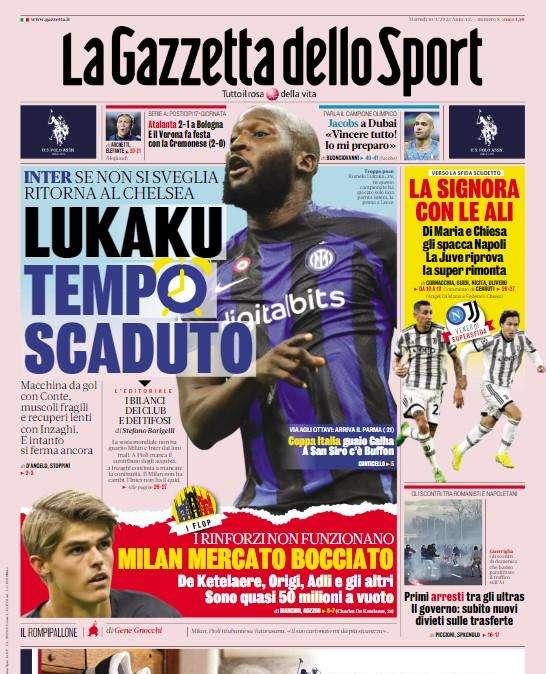 Gazzetta apre: "Lukaku, tempo scaduto: se non si sveglia ritorna al Chelsea"