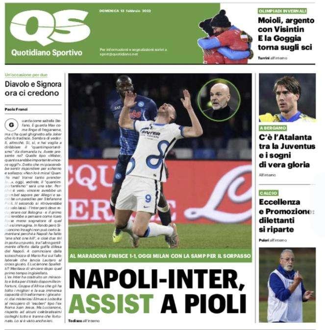 Il Quotidiano Sportivo in apertura:"Napoli-Inter assist a Pioli"