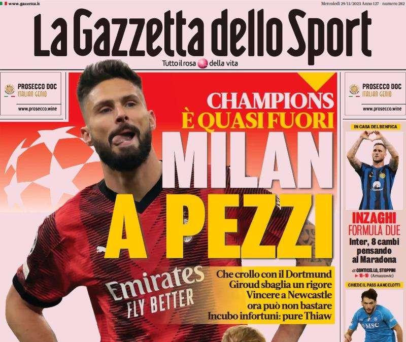 La prima pagina della Gazzetta dello Sport: "Inter, otto cambi col Benfica. La testa è al Maradona"