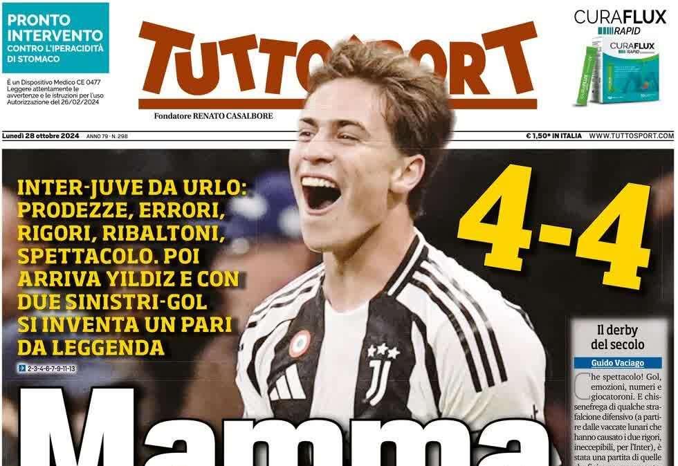 "Mamma il turco. Una doppietta da fuoriclasse premia Motta": la prima pagina di TuttoSport