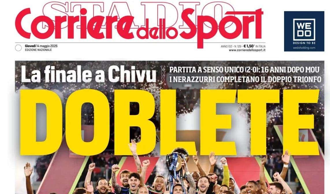 "Doblete. La finale a Chivu, partita a senso unico. Dominio Inter", la prima pagina del Corriere dello Sport