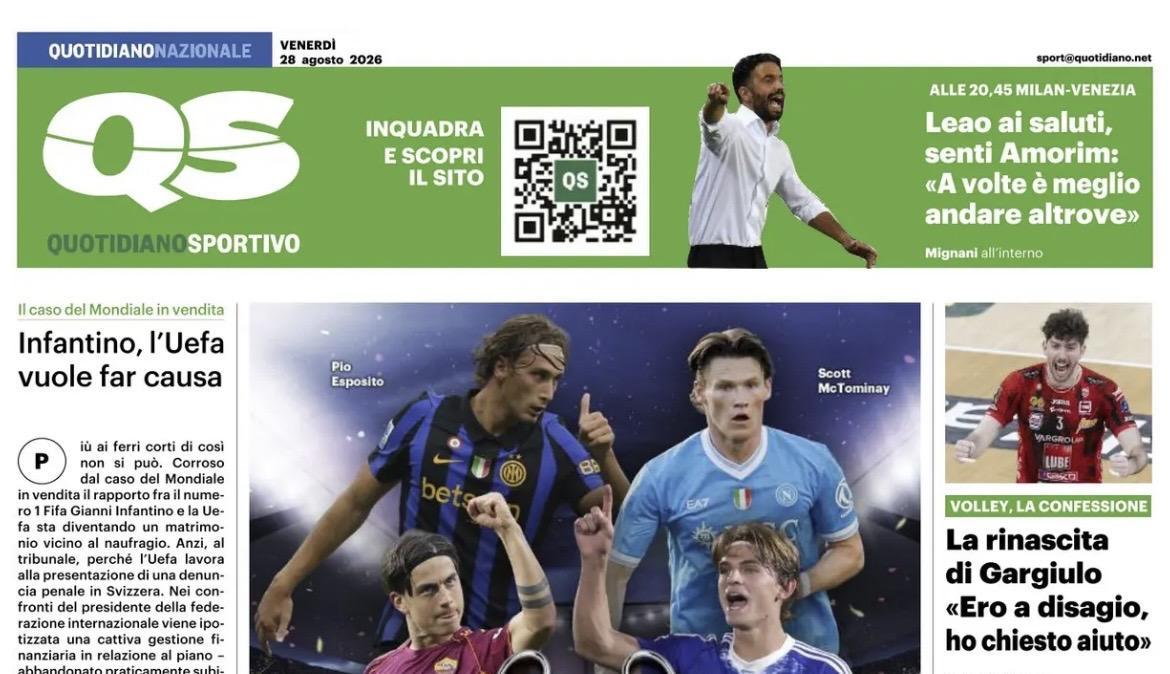 "Champions, gironi in salita per le italiane! Leao, a volte è meglio andare", la prima pagina del QS