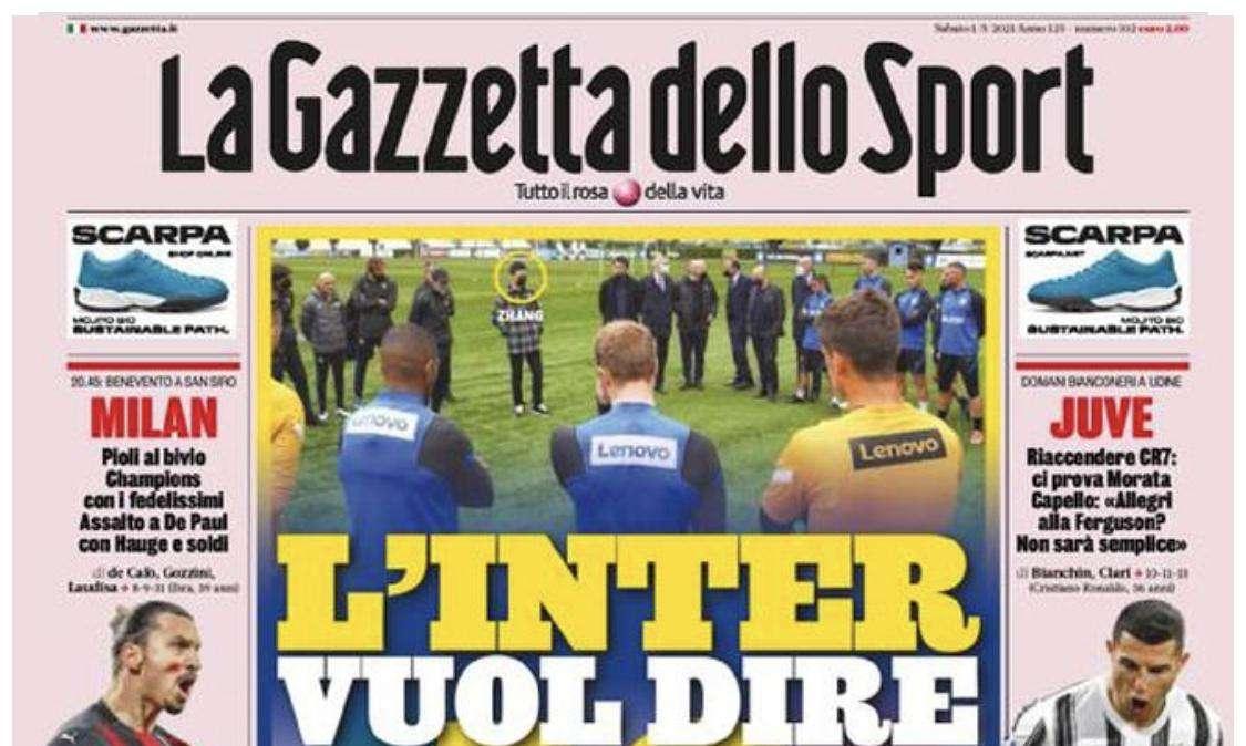 La Gazzetta dello Sport in apertura: “L’Inter vuol dire 19”