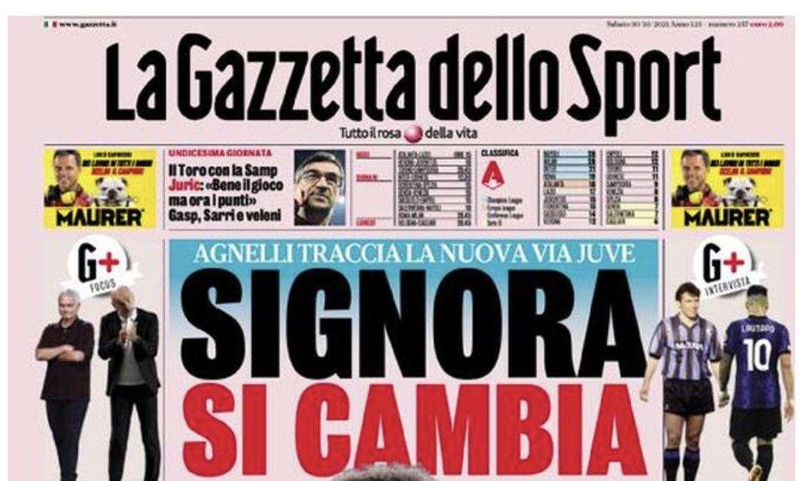La Gazzetta in apertura con le parole di Matthaus: "Lautaro si merita il mio 10, Barella leader"