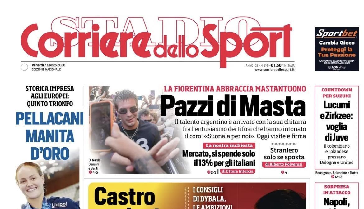 "Napoli, idea Gabriel Jesus! Castro: "L'Inter si può battere, noi da scudetto", la prima pagina del Corriere dello Sport