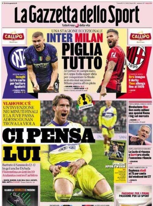 La Gazzetta dello Sport in apertura: "Inter e Milan piglia tutto"