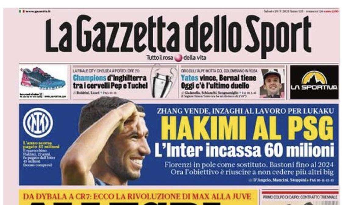 La Gazzetta in apertura: "Hakimi al PSG". Florenzi in pole per sostituirlo