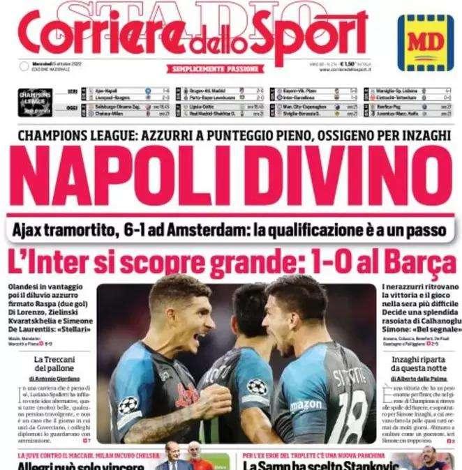 Il Corriere dello Sport in apertura: "L'Inter si scopre grande". Barça k.o. a San Siro