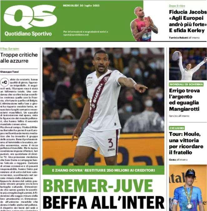 QS su Bremer in apertura: "Va alla Juve, beffa all'Inter. E Zhang dovrà restituire 250 mln" 
