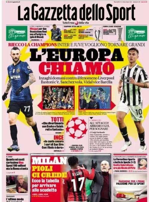 La Gazzetta in apertura: "L'Europa chiamò". L'Inter vuole tornare grande