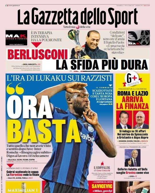 Ira Lukaku contro i razzisti. La Gazzetta dello Sport in apertura: "Ora basta"