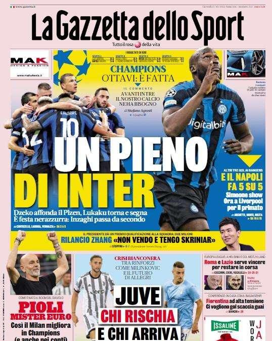 La Gazzetta in apertura: "Un pieno di Inter, fatta per gli ottavi"