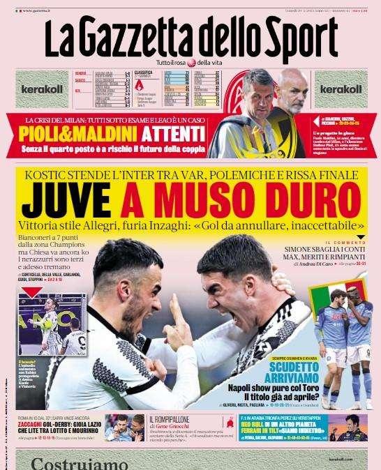 L'apertura della Gazzetta: "Juve a muso duro". Vittoria stile Allegri, l'Inter ora trema
