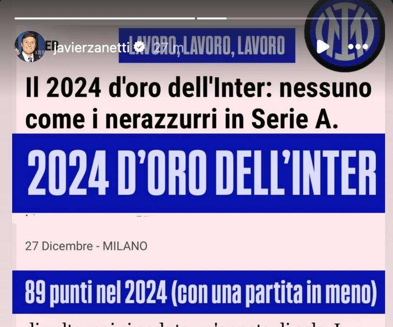 Zanetti esalta la sua Inter: "2024 d'oro. Lavoro, lavoro e lavoro, grazie ragazzi"